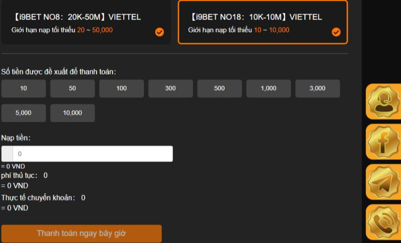 Nạp tiền i9BET bằng Viettel Pay